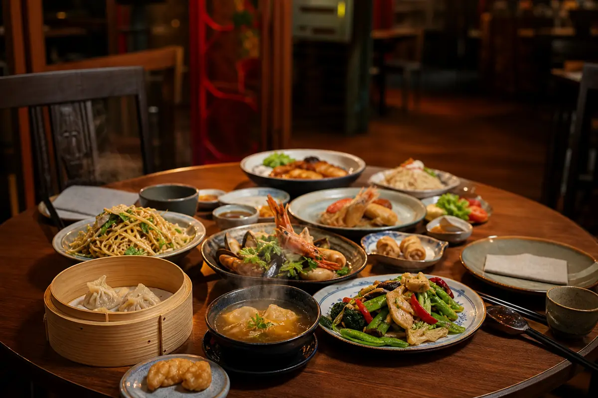 Carte chinoise variée dans un restaurant à Strasbourg avec raviolis vapeur, légumes, nouilles et plats à partager
