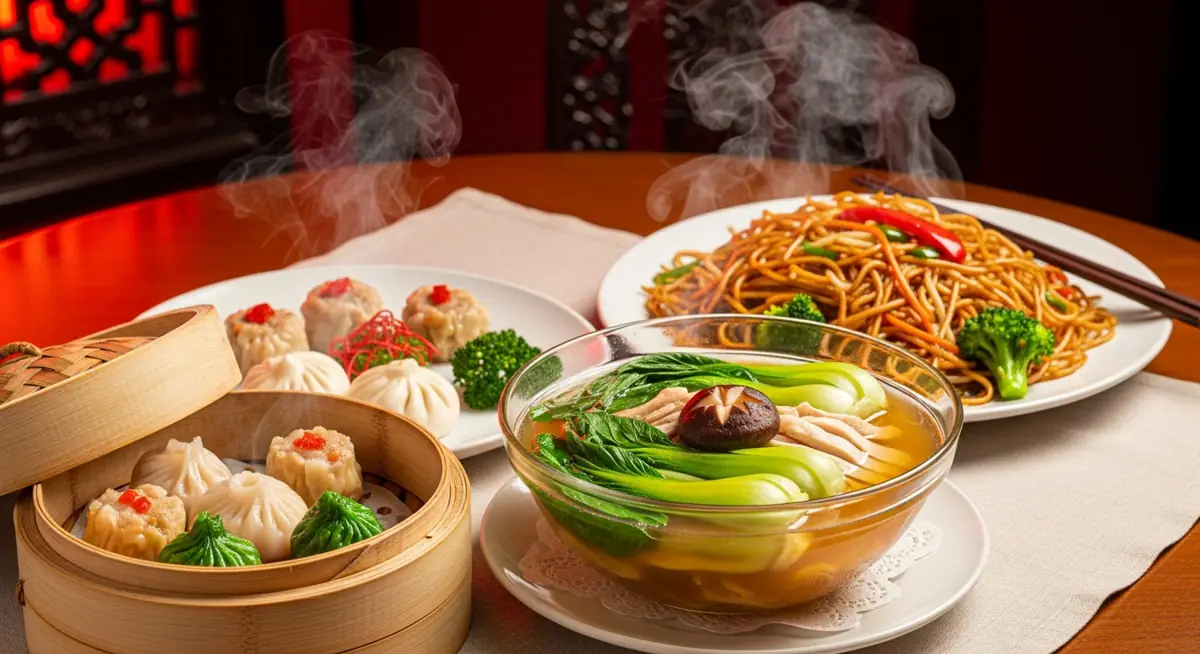 Table de restaurant chinois avec raviolis vapeur, nouilles sautées au wok, bouillon clair et travers grillés représentant les grandes familles de plats sur une carte chinoise