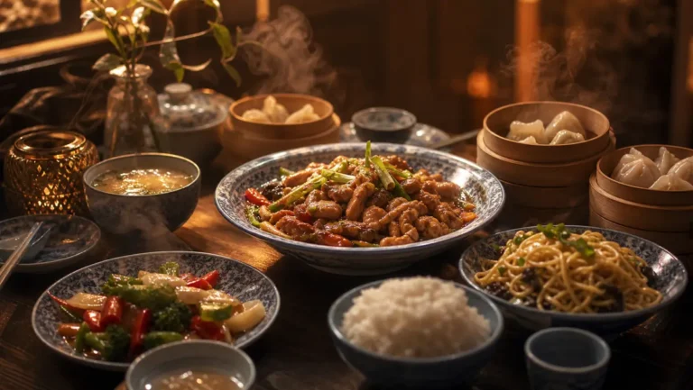 Repas complet cuisine chinoise servi chaud avec bouillon, légumes, riz et raviolis vapeur