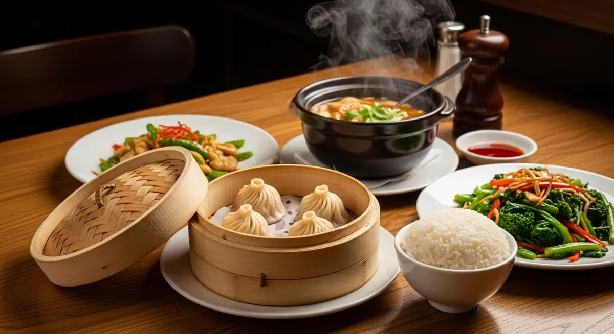 Table de restaurant chinois avec raviolis vapeur, bouillon, légumes sautés et riz : repas à la fois généreux et équilibré
