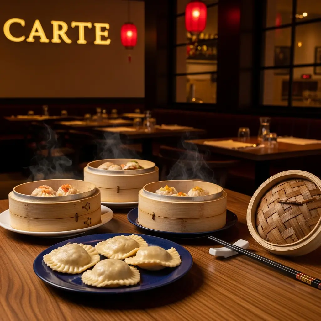 Carte restaurant chinois et raviolis vapeur sur table en bois - conseils pour lire une carte chinoise sans se tromper