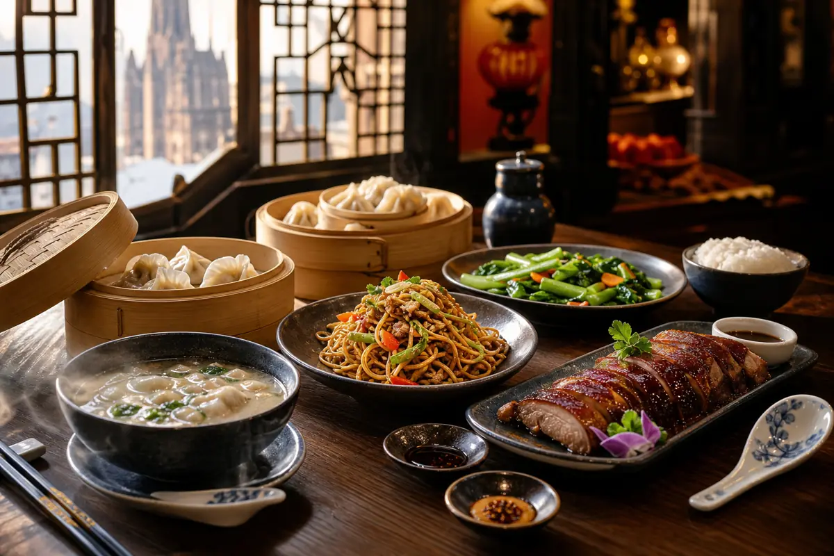 Table avec plusieurs plats d'un restaurant chinois traditionnel à Strasbourg : raviolis vapeur, nouilles sautées, légumes, riz et soupe