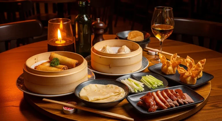 Table de restaurant chinois à Strasbourg avec spécialités à partager : nems, raviolis vapeur, canard laqué