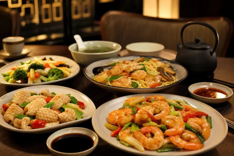 Fruits de mer carte chinoise : assortiment de crevettes, calamars et nouilles dans un restaurant chinois à Strasbourg