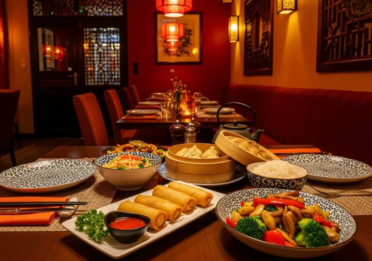 Table de restaurant chinois à Strasbourg avec plats variés à partager au service à table
