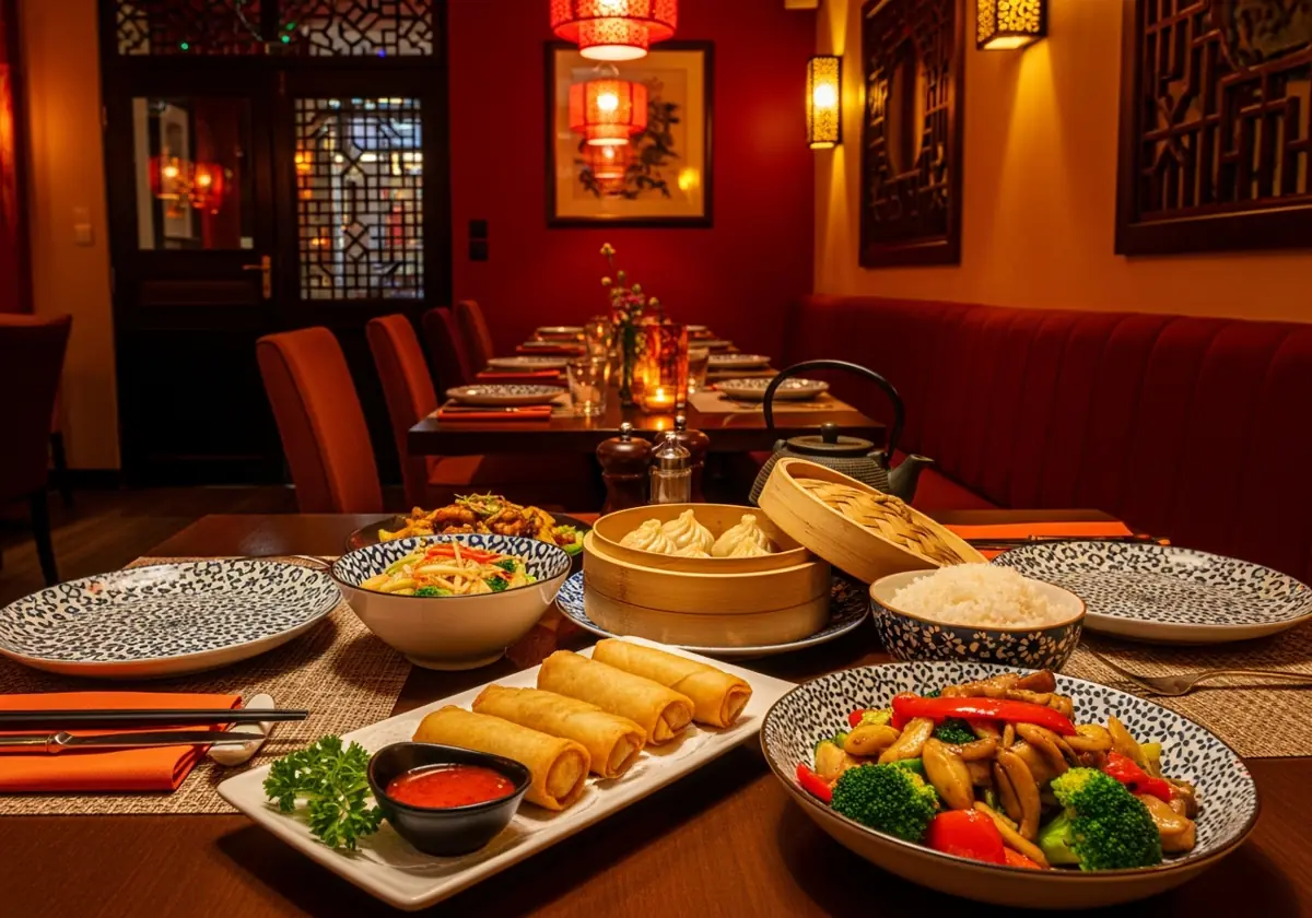 Table de restaurant chinois à Strasbourg avec plats variés à partager au service à table