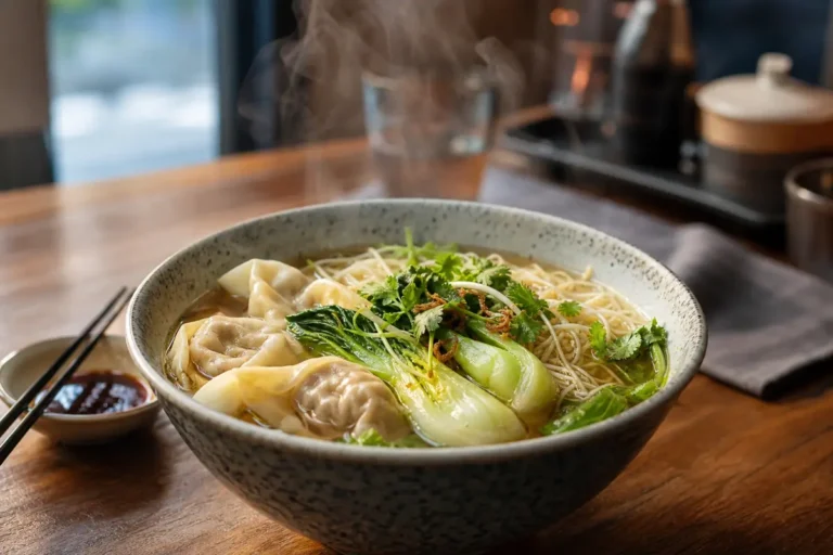 Bouillon repas complet avec raviolis, légumes et nouilles sur table de restaurant chinois