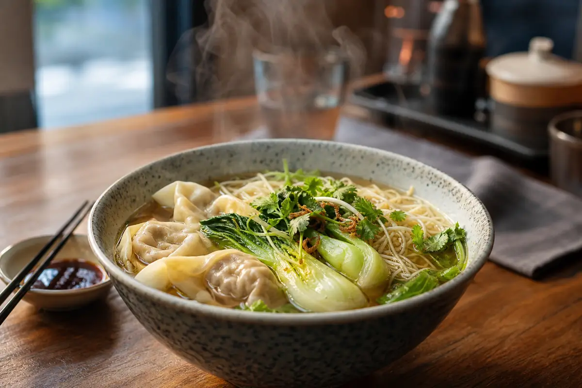 Bouillon repas complet avec raviolis, légumes et nouilles sur table de restaurant chinois