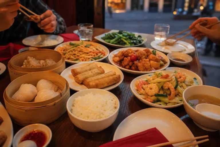 Repas chinois pour tous les goûts avec plusieurs plats à partager sur une table de restaurant à Strasbourg