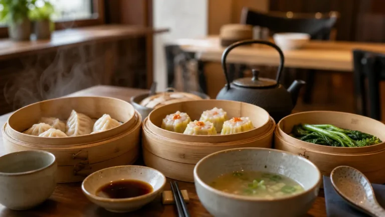 Cuisine vapeur asiatique avec paniers vapeur, raviolis et légumes sur une table de restaurant