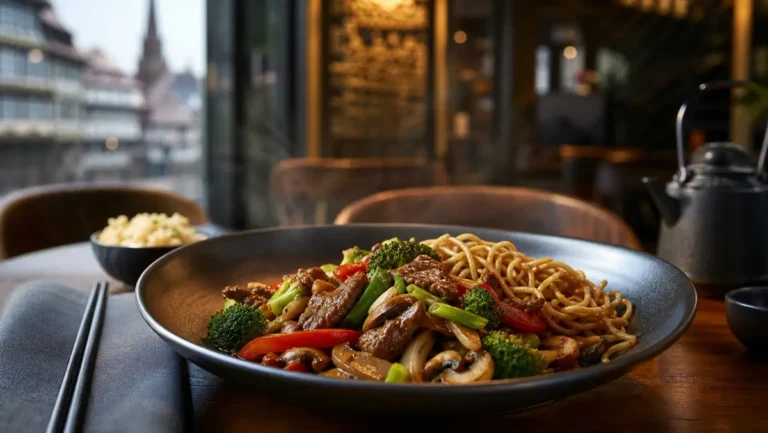 Plat wok plus lourd : assiette chinoise sautée au wok avec légumes visibles et accompagnement servi chaud
