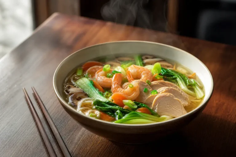 Plat bouillon légumes protéines servi chaud dans un bol avec légumes, bouillon clair et garniture protéinée