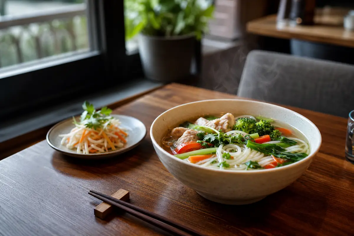 Manger asiatique en semaine avec bouillon chaud, nouilles, légumes et accompagnement simple sur une table de restaurant