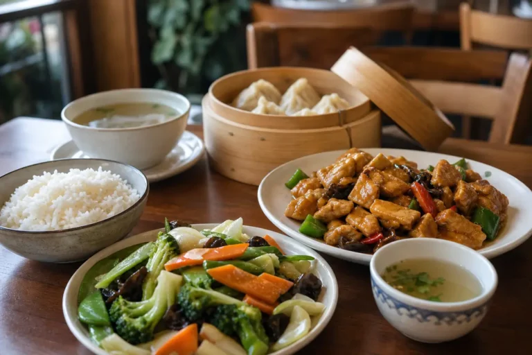 Repas à partager équilibré sur une table de restaurant chinois avec légumes, raviolis vapeur, bouillon et riz
