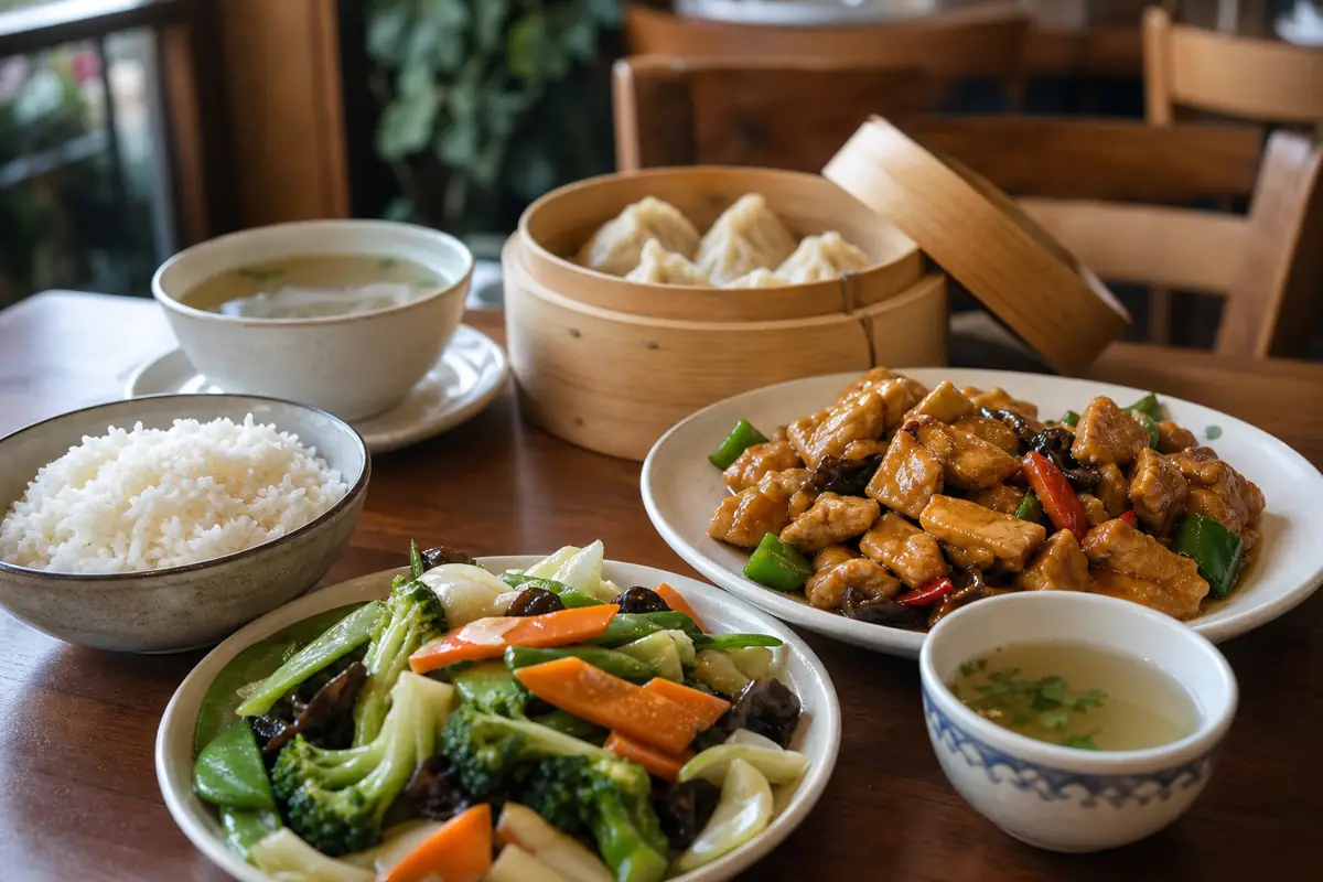 Repas à partager équilibré sur une table de restaurant chinois avec légumes, raviolis vapeur, bouillon et riz