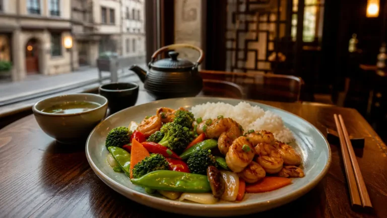Repas d’inspiration chinoise équilibré avec légumes, riz, protéines et bol de bouillon sur une table de restaurant
