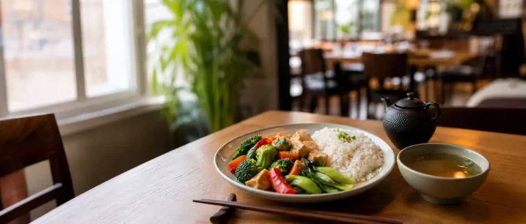 Répartir son assiette pour éviter un repas trop lourd avec légumes, riz, protéines et bouillon sur une table de restaurant chinois