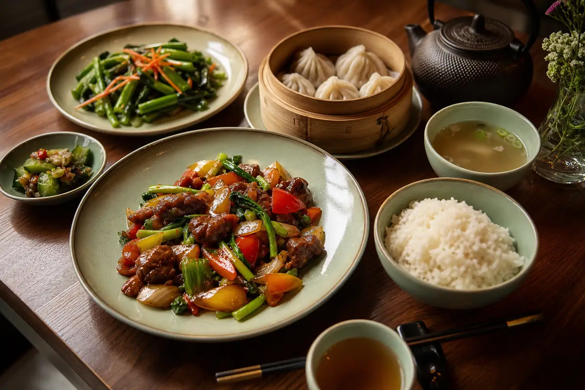 Assiette d’inspiration chinoise avec légumes, protéines, bouillon et portion de riz pour illustrer des repères visuels d’équilibre