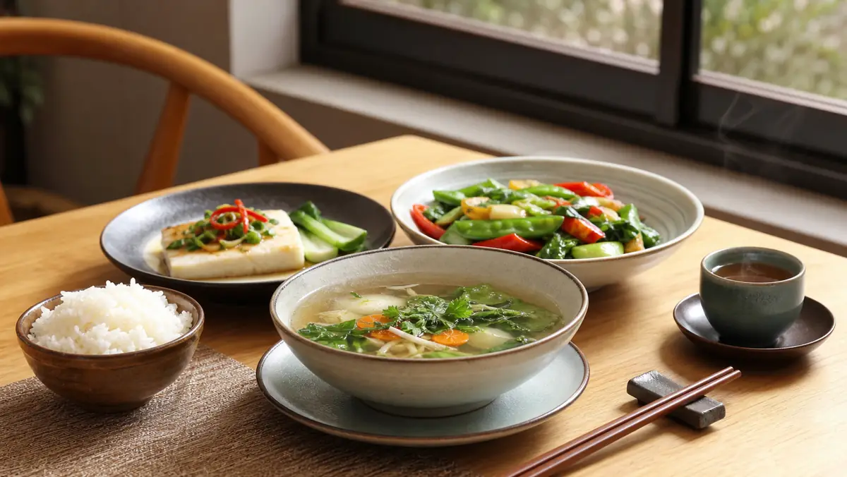 Repas midi éviter coup de barre : déjeuner d’inspiration chinoise avec légumes, bouillon et riz