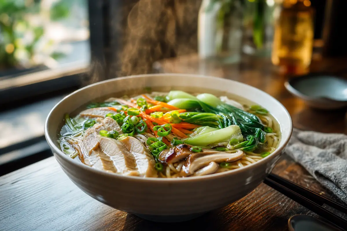 Plat chaud routine alimentaire avec bouillon, légumes, nouilles et protéines