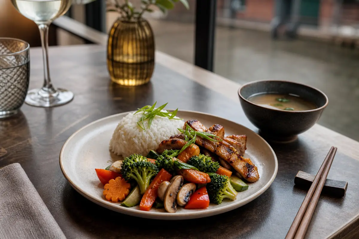 Assiette, portion, satiété : repas d’inspiration asiatique avec légumes, riz, protéines et bouillon