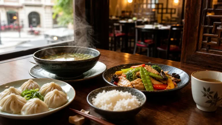 Restaurant chinois Strasbourg midi, bouillon, raviolis vapeur, légumes sautés et riz pour un déjeuner complet