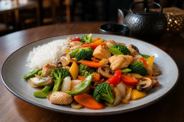 Plat chinois legumes avec légumes sautés bien visibles, riz et protéine dans une assiette complète
