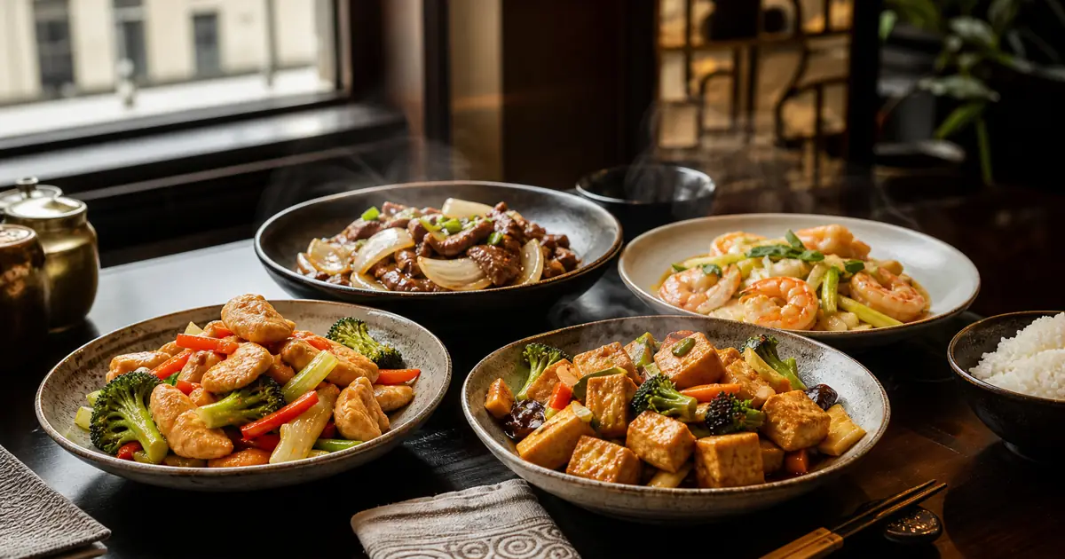 Plat chinois protéines : poulet, bœuf, crevettes et tofu sur une table de restaurant chinois à Strasbourg