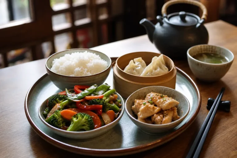 Assiette chinoise équilibrée avec riz, légumes, raviolis vapeur et protéine servie dans un restaurant à Strasbourg