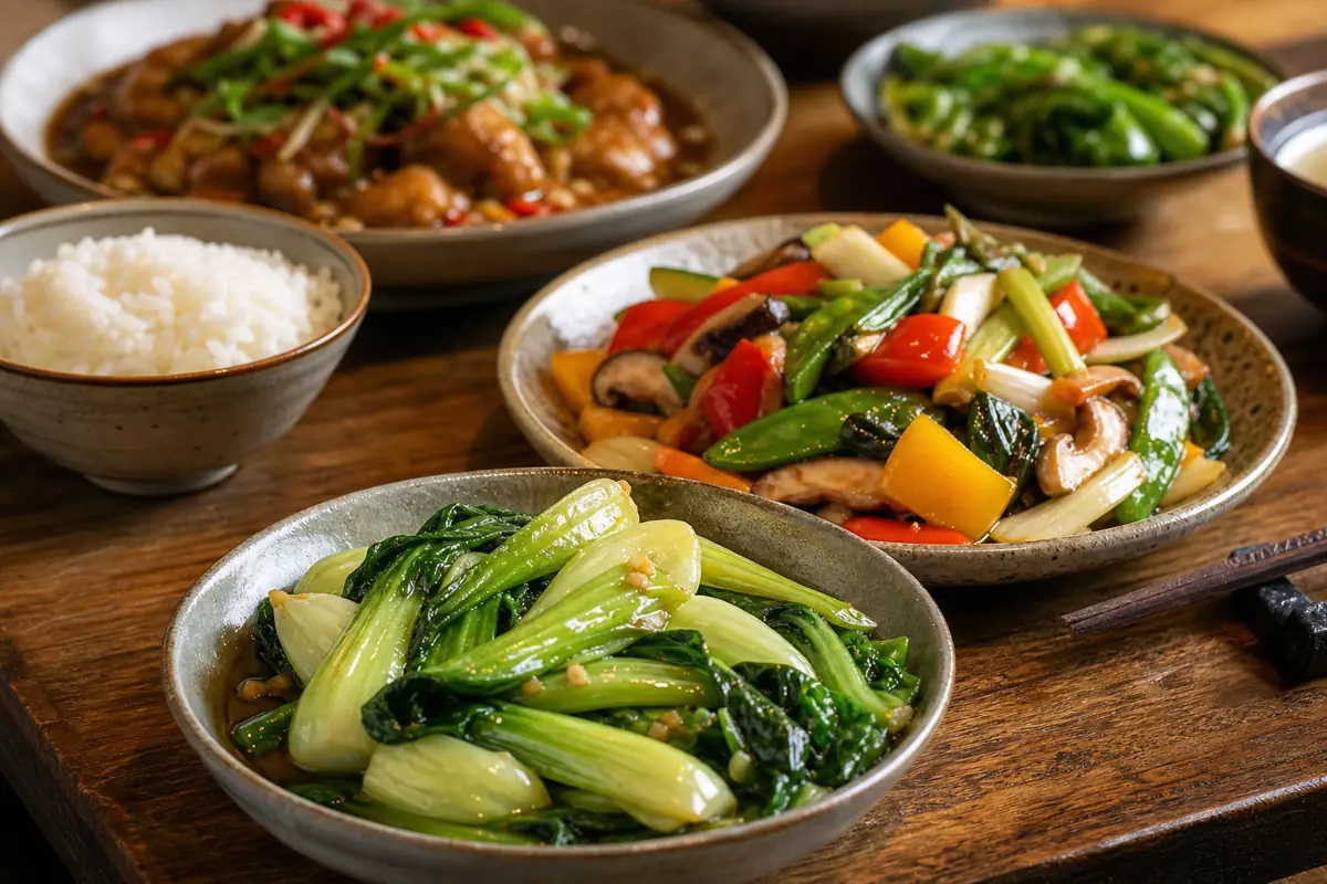 Légumes cuisine chinoise : assortiment de plats sautés et légumes servis sur table de restaurant chinois